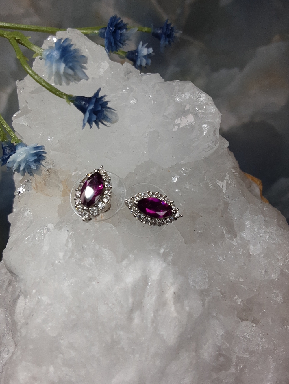 925, Rhodolite Garnet, White Zircon Stud Earrings. PRICE IS FIRM.